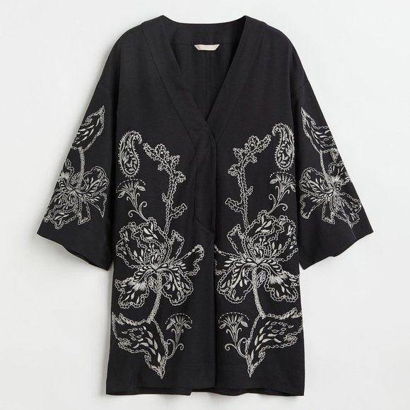 H&M Kimono Short embroidered kaftan linen blend‎ black kaftan v-neck dress Small - Picture 5 of 6